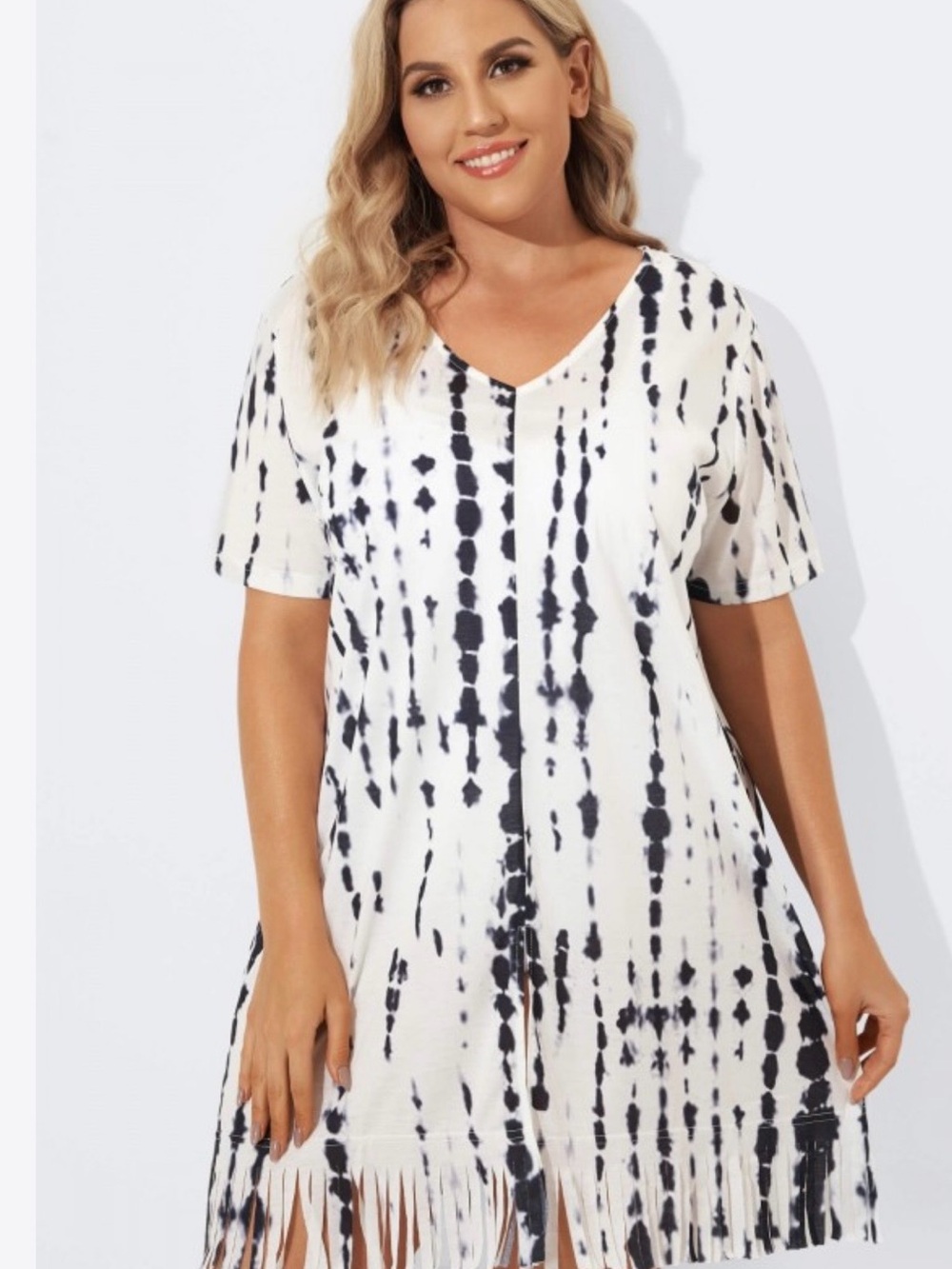 Tie-Dye Fringe V-Neck Swim Coverup - Navy & White